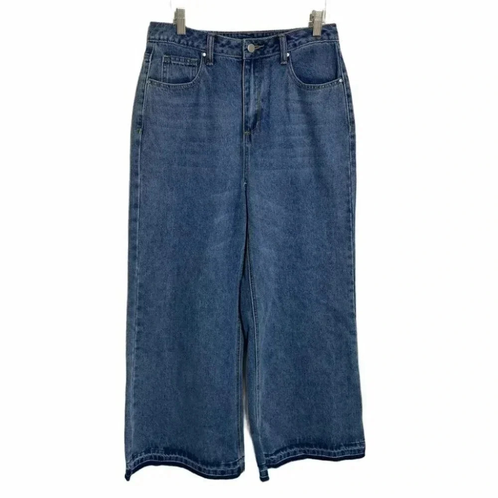 Boohoo Jeans US 6 Blue Tall High Rise Wide Leg Raw Hem‎ Denim Pant